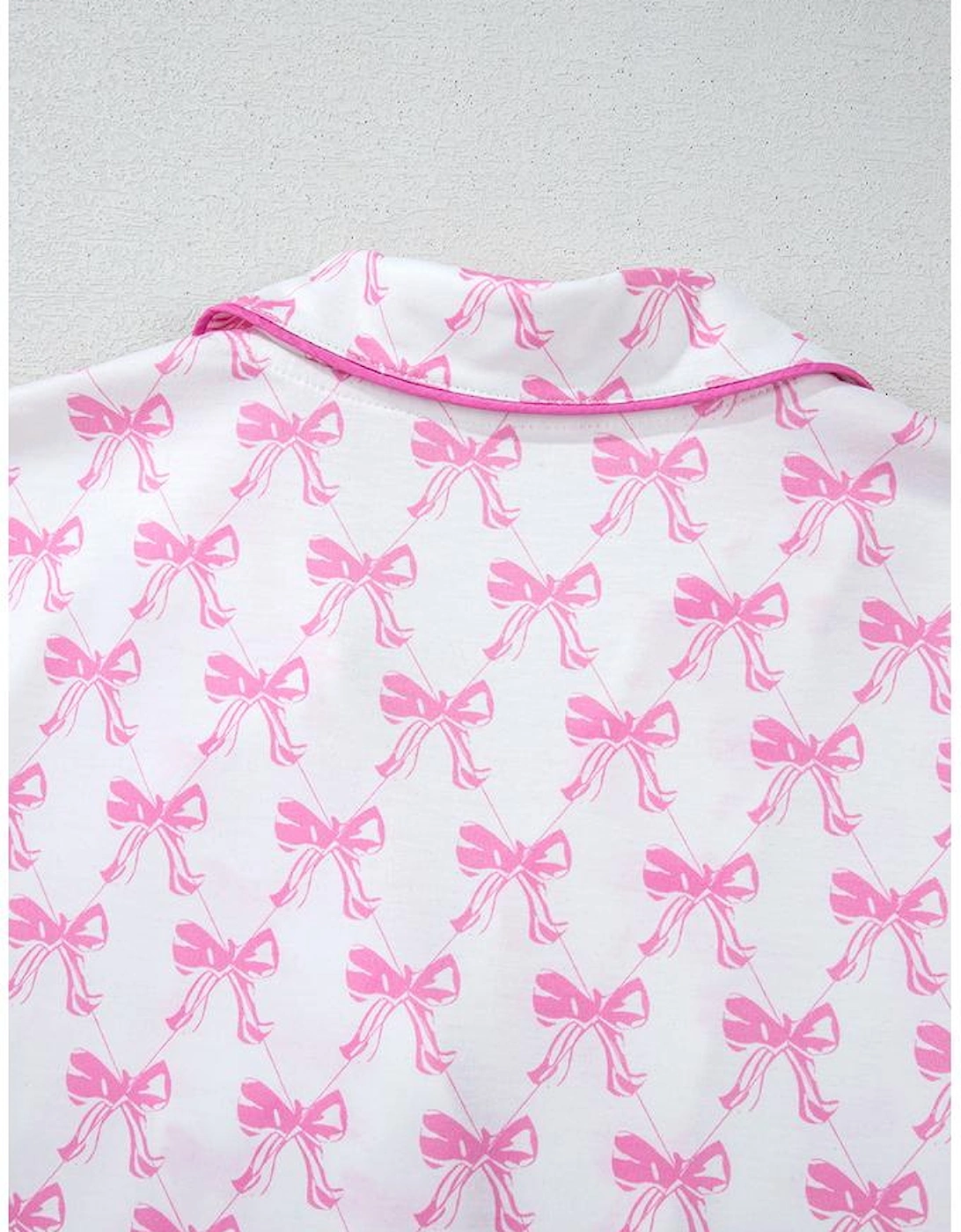Pink Bowknot Printed Short Sleeve and Ruffled Shorts Valentines Pajama Set