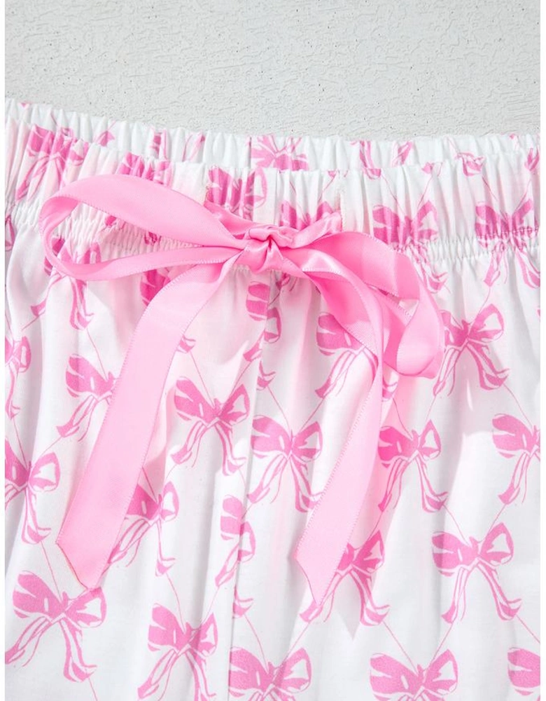 Pink Bowknot Printed Short Sleeve and Ruffled Shorts Valentines Pajama Set