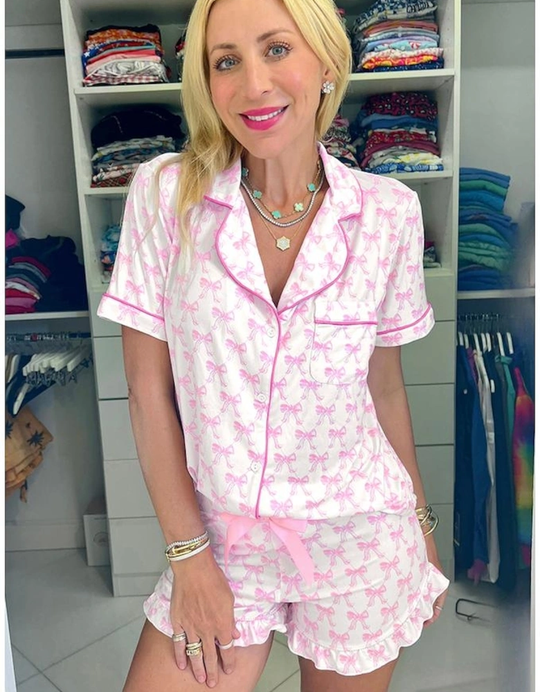 Pink Bowknot Printed Short Sleeve and Ruffled Shorts Valentines Pajama Set