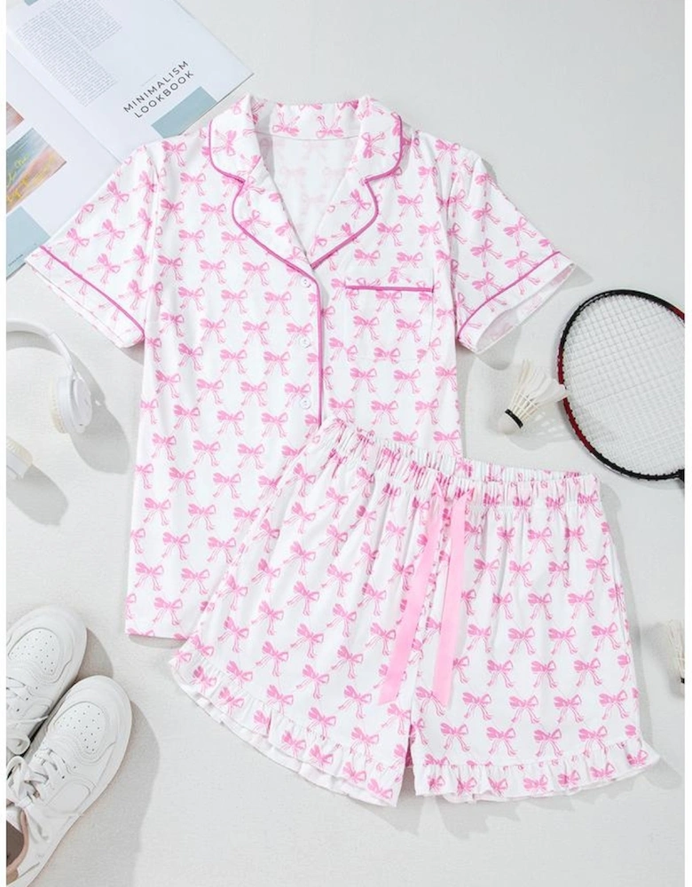 Pink Bowknot Printed Short Sleeve and Ruffled Shorts Valentines Pajama Set
