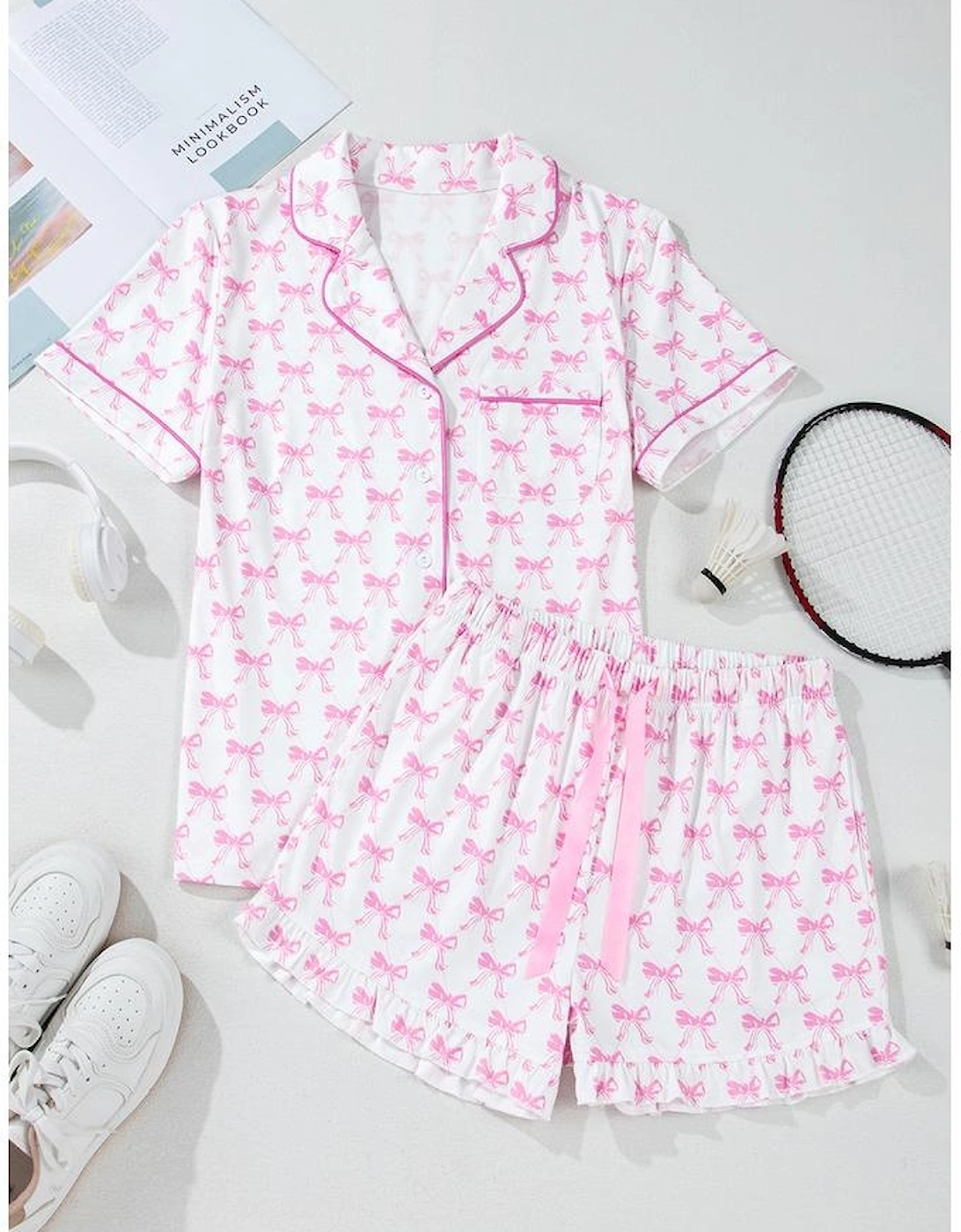 Pink Bowknot Printed Short Sleeve and Ruffled Shorts Valentines Pajama Set