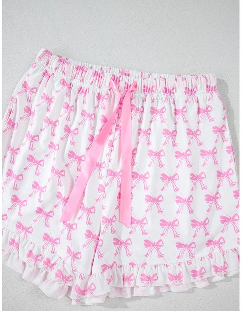 Pink Bowknot Printed Short Sleeve and Ruffled Shorts Valentines Pajama Set
