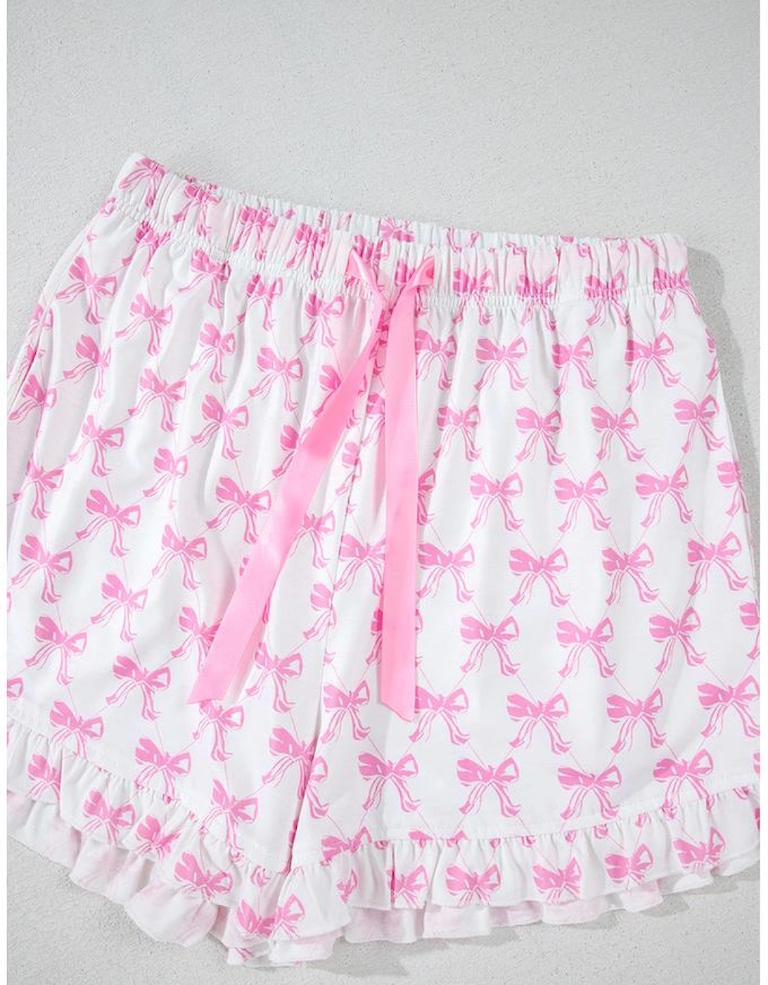 Pink Bowknot Printed Short Sleeve and Ruffled Shorts Valentines Pajama Set