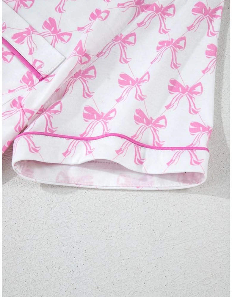 Pink Bowknot Printed Short Sleeve and Ruffled Shorts Valentines Pajama Set