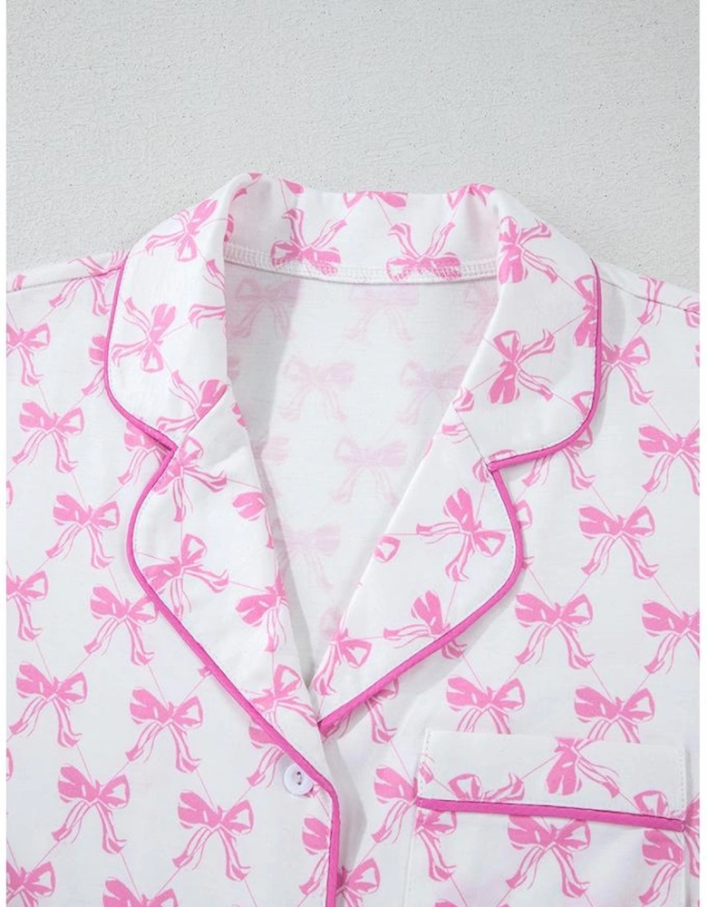 Pink Bowknot Printed Short Sleeve and Ruffled Shorts Valentines Pajama Set