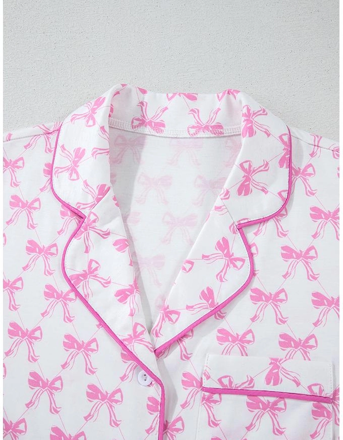 Pink Bowknot Printed Short Sleeve and Ruffled Shorts Valentines Pajama Set