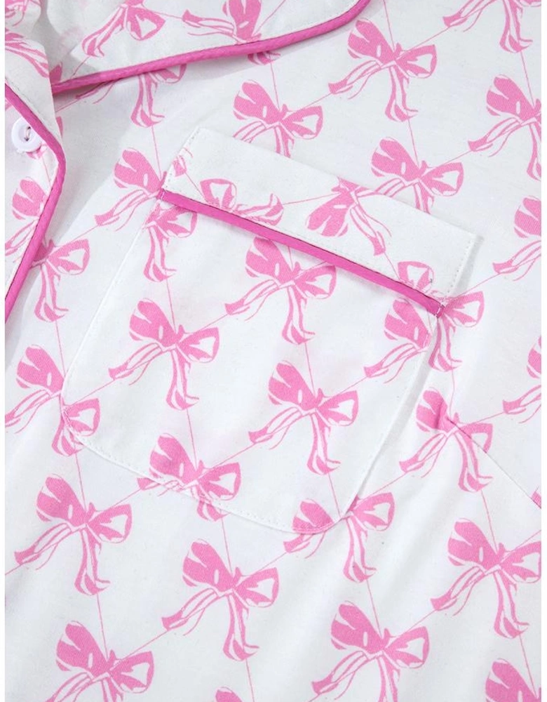 Pink Bowknot Printed Short Sleeve and Ruffled Shorts Valentines Pajama Set