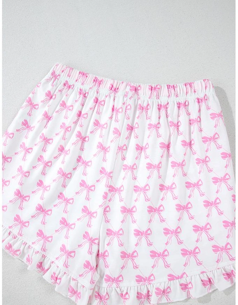 Pink Bowknot Printed Short Sleeve and Ruffled Shorts Valentines Pajama Set