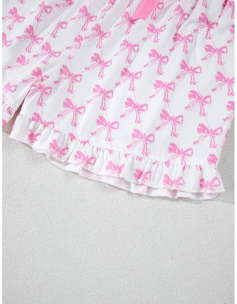 Pink Bowknot Printed Short Sleeve and Ruffled Shorts Valentines Pajama Set