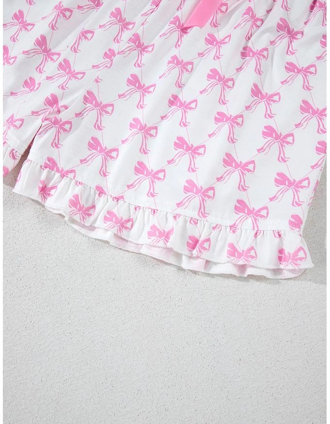 Pink Bowknot Printed Short Sleeve and Ruffled Shorts Valentines Pajama Set