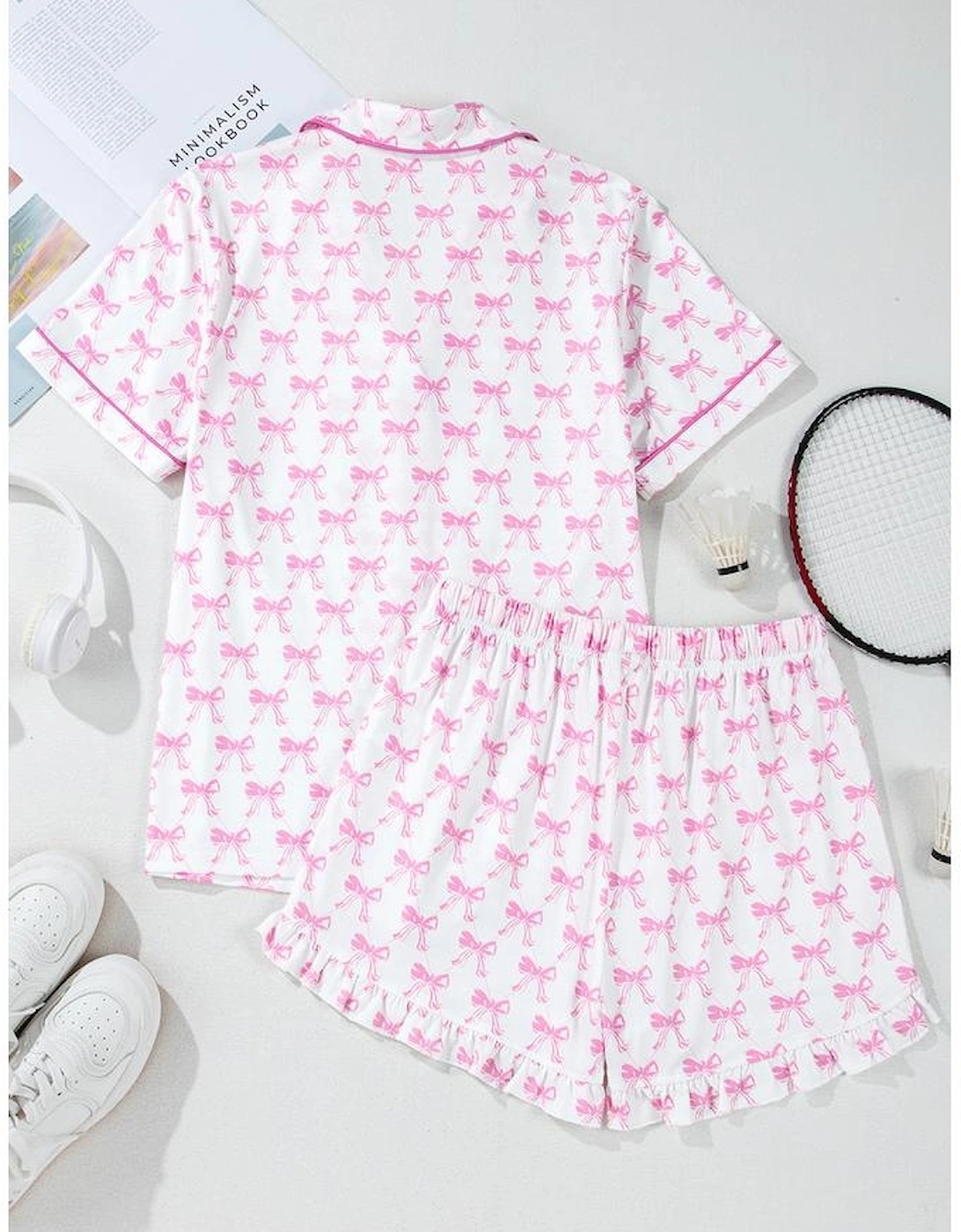 Pink Bowknot Printed Short Sleeve and Ruffled Shorts Valentines Pajama Set