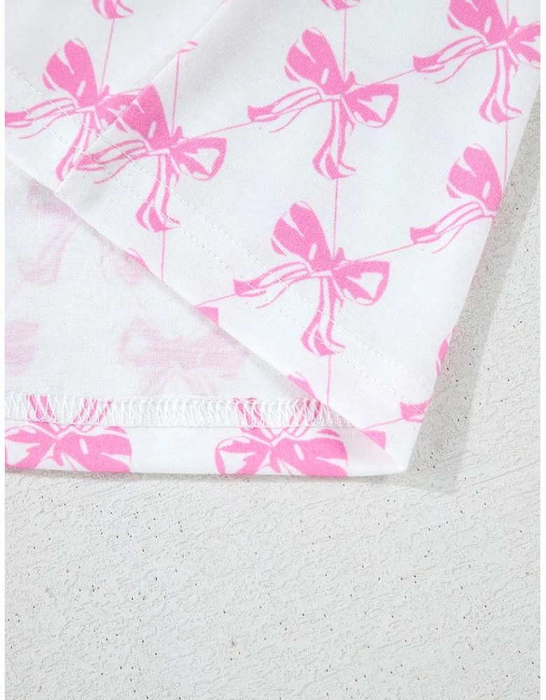 Pink Bowknot Printed Short Sleeve and Ruffled Shorts Valentines Pajama Set