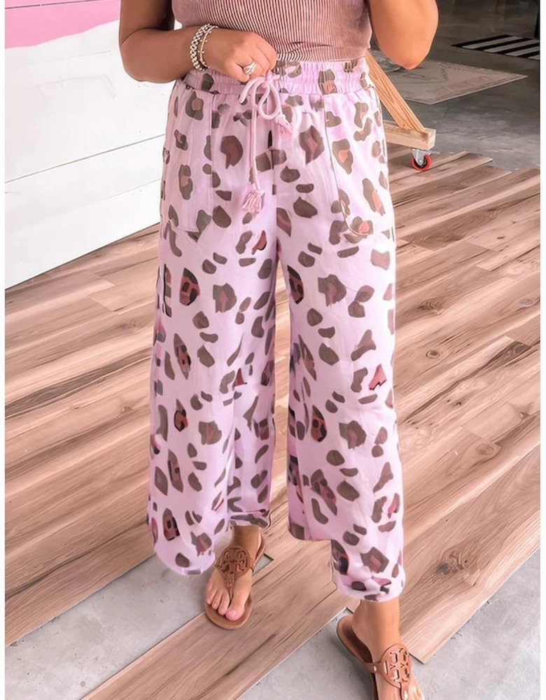 Pink Drawstring Leopard Print Patch Pocket Loose Pants