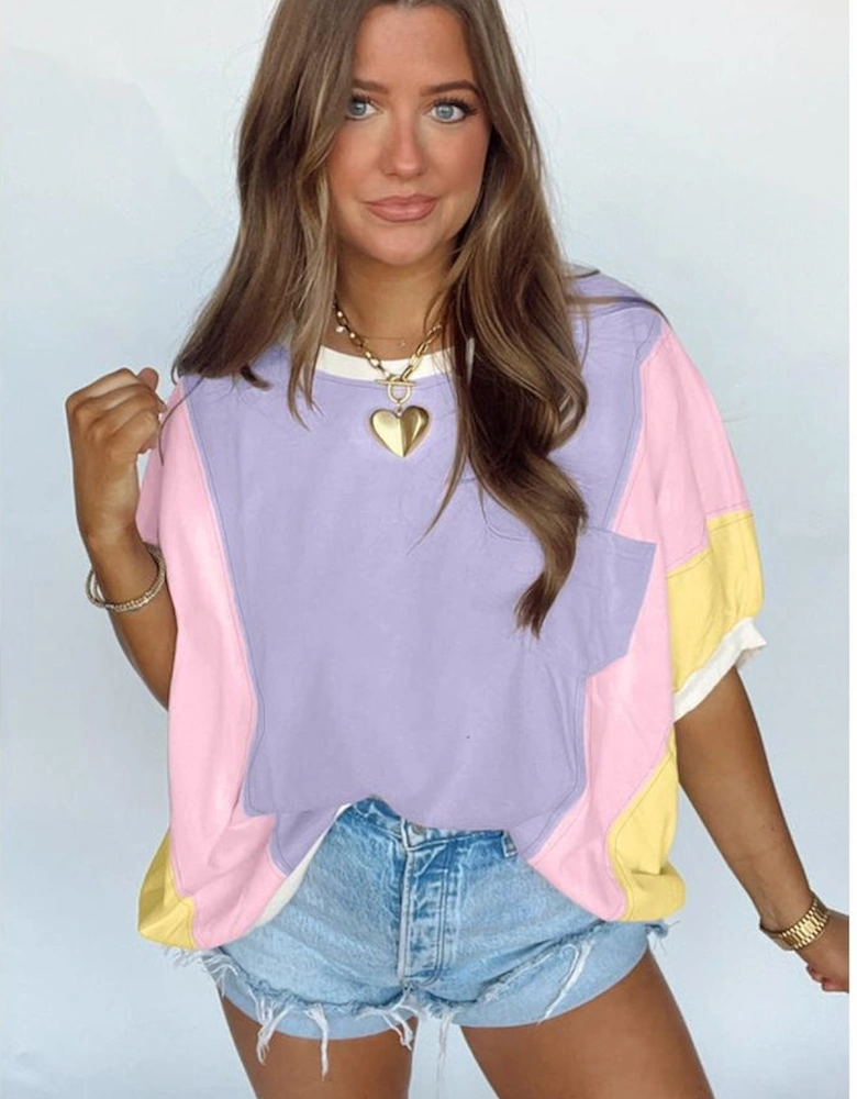 Purple Color Block Patchwork Half Sleeve Oversized T Shirt