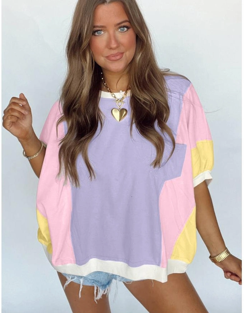 Purple Color Block Patchwork Half Sleeve Oversized T Shirt