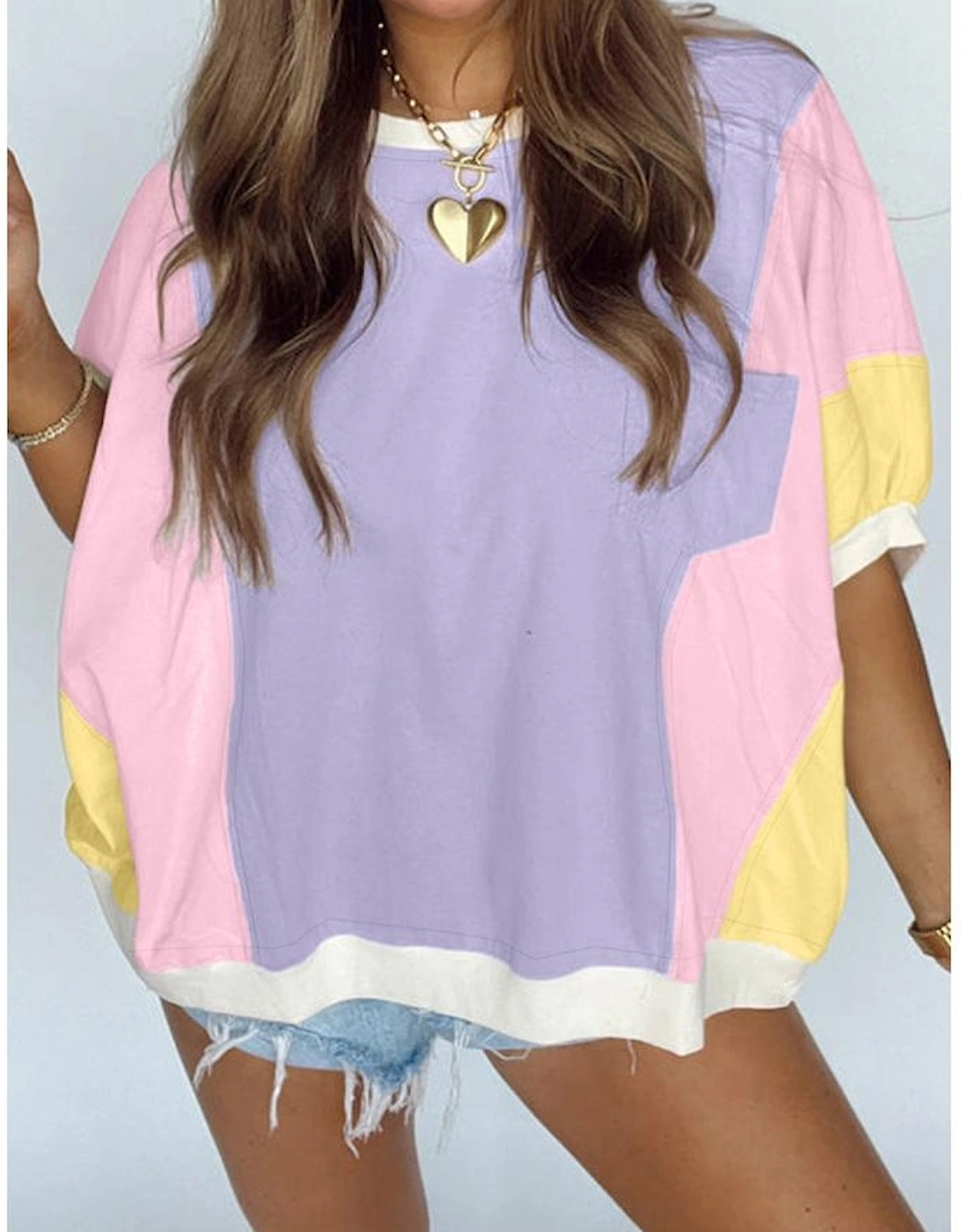 Purple Color Block Patchwork Half Sleeve Oversized T Shirt