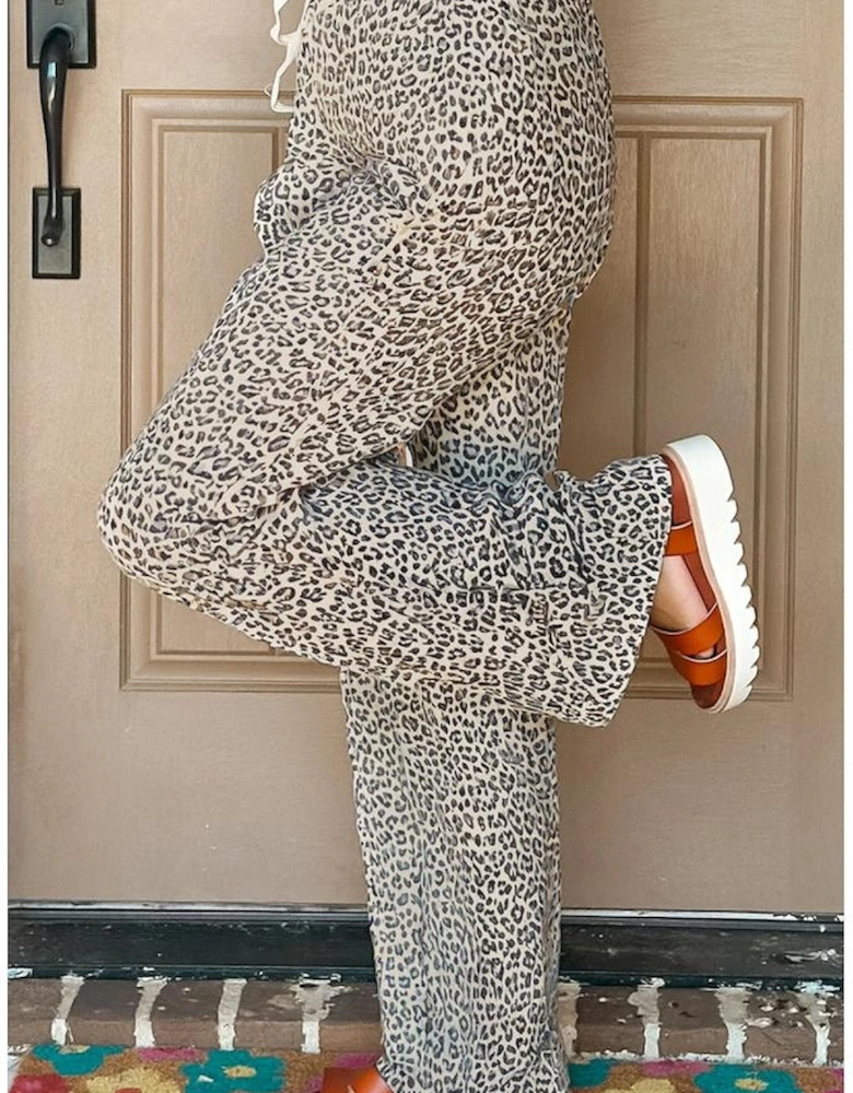 Brown Leopard Drawstring Elastic Waistband Loose Pants