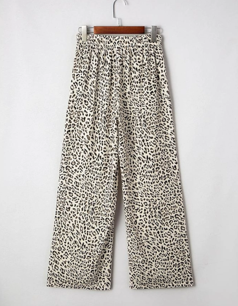Brown Leopard Drawstring Elastic Waistband Loose Pants