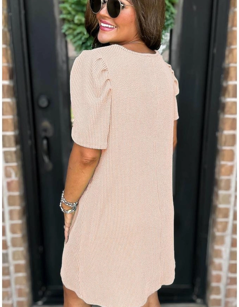 Parchment Corded Knit Crew Neck Puff Sleeve Shift Mini Dress
