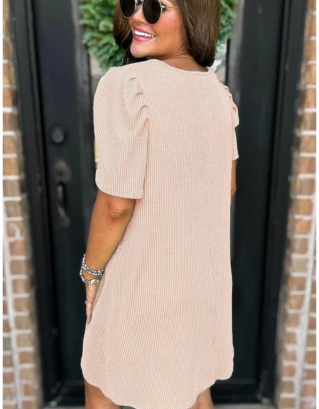 Parchment Corded Knit Crew Neck Puff Sleeve Shift Mini Dress, 16 of 15