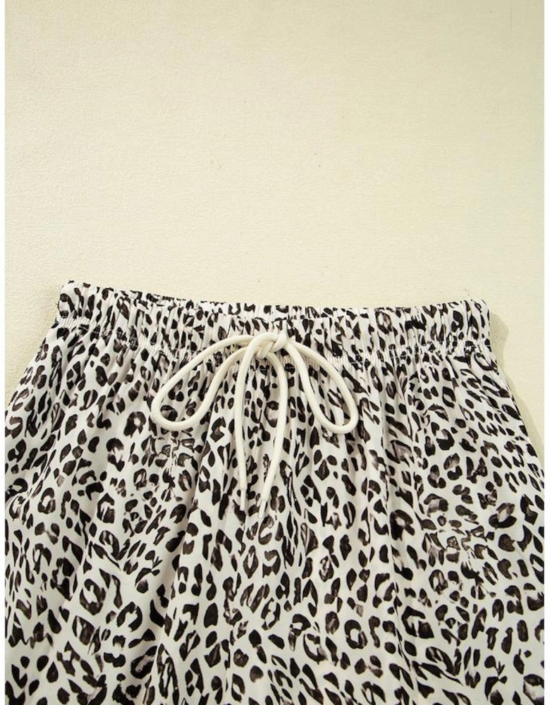 Brown Leopard Drawstring Elastic Waistband Loose Pants