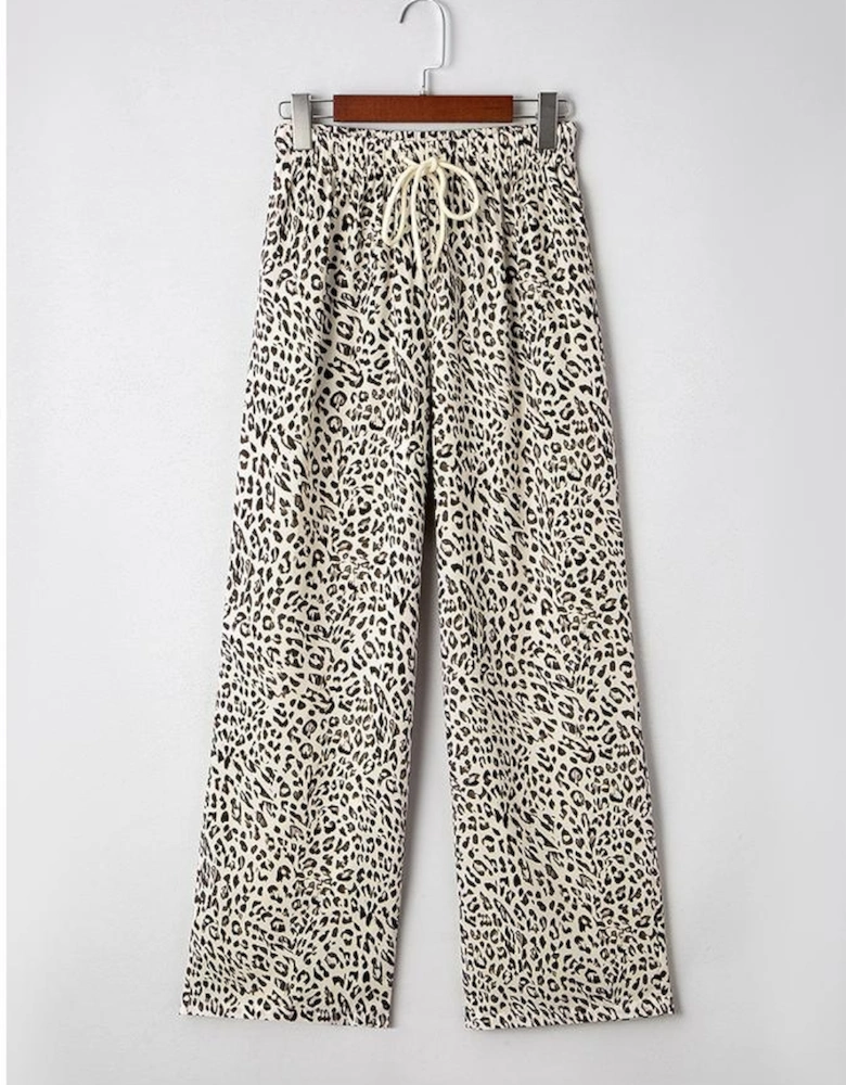 Brown Leopard Drawstring Elastic Waistband Loose Pants