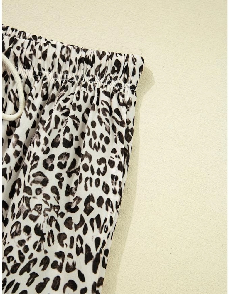 Brown Leopard Drawstring Elastic Waistband Loose Pants