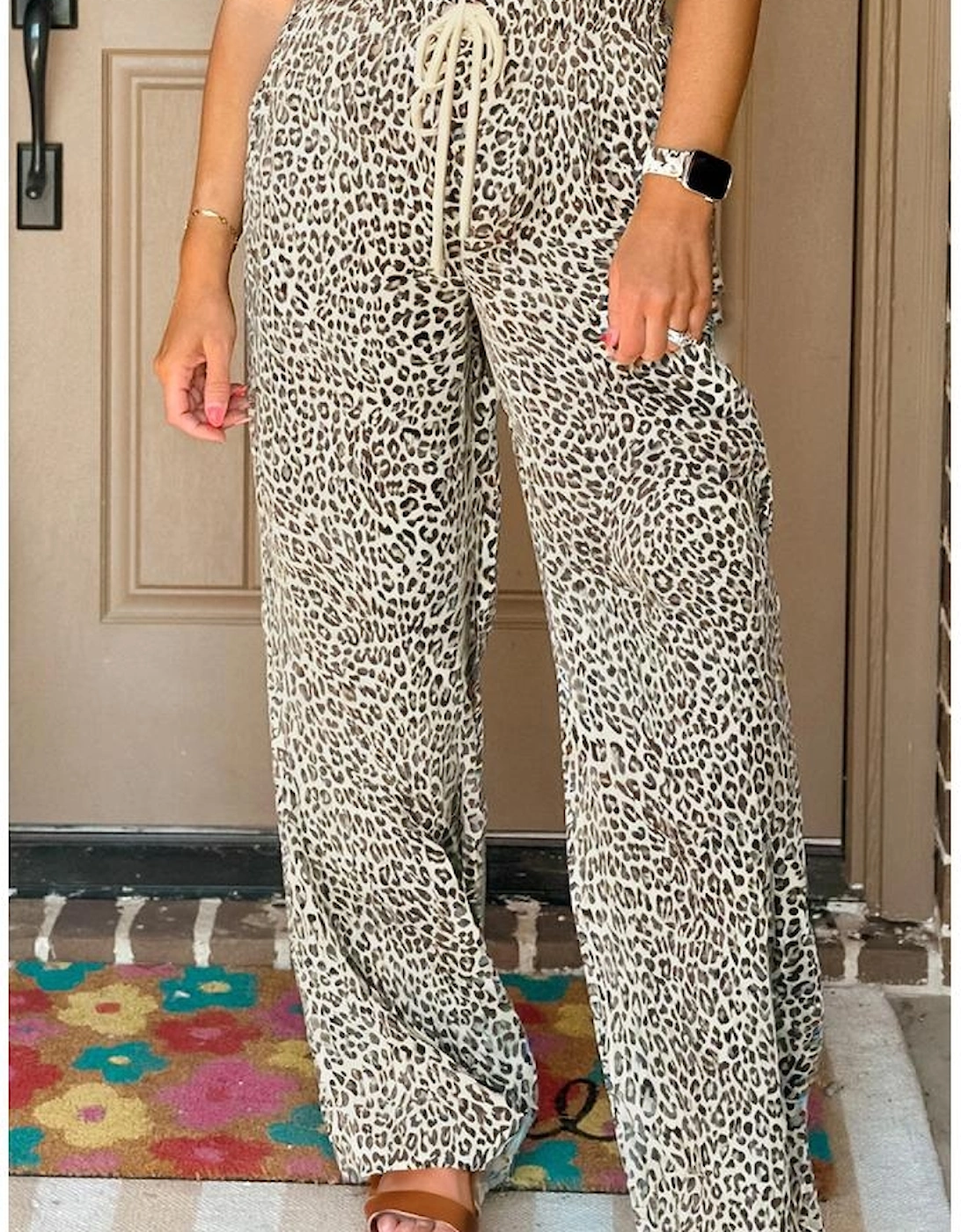 Brown Leopard Drawstring Elastic Waistband Loose Pants