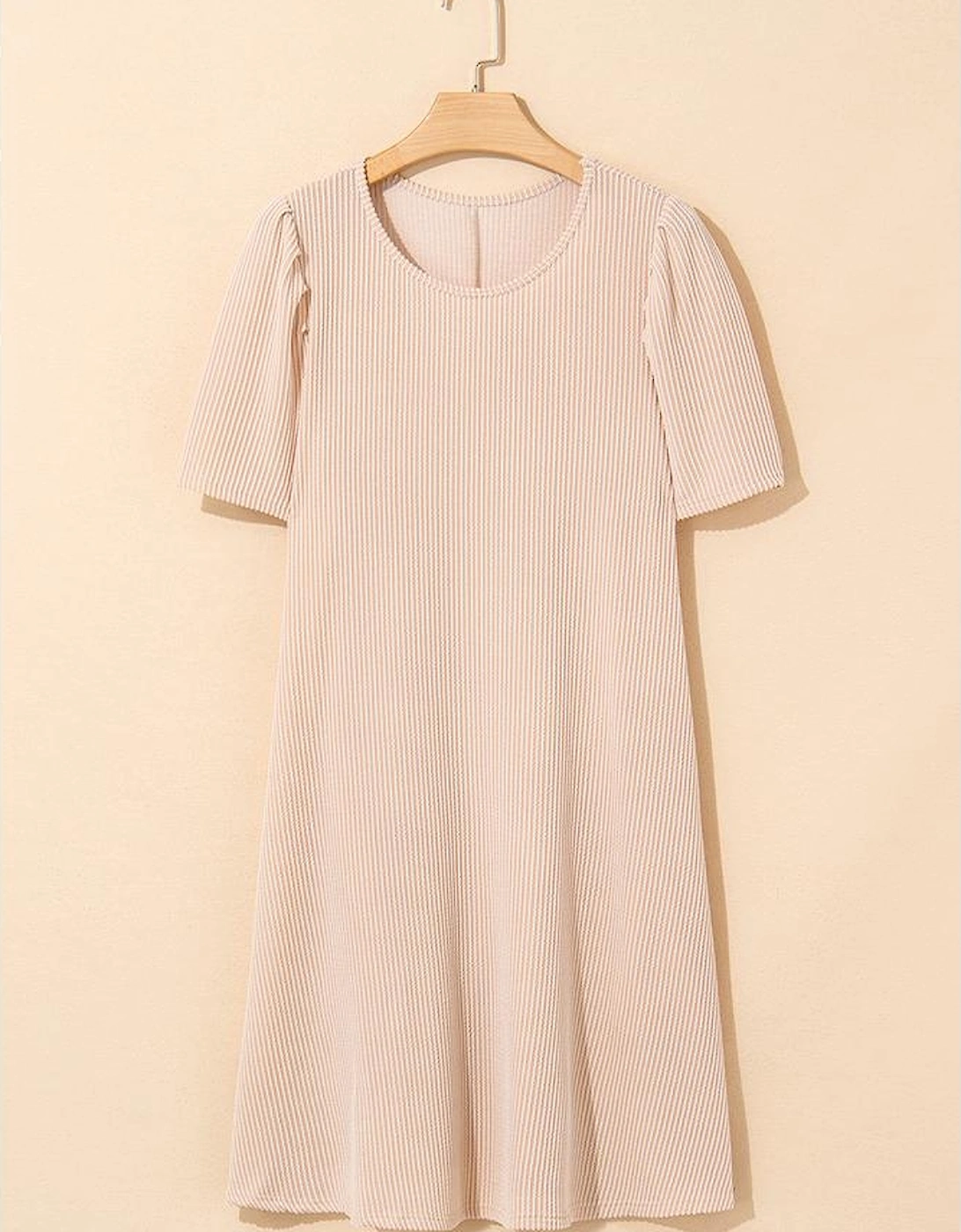 Parchment Corded Knit Crew Neck Puff Sleeve Shift Mini Dress