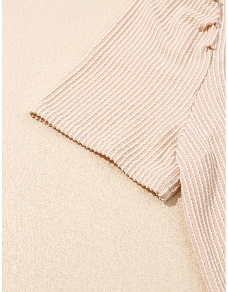 Parchment Corded Knit Crew Neck Puff Sleeve Shift Mini Dress