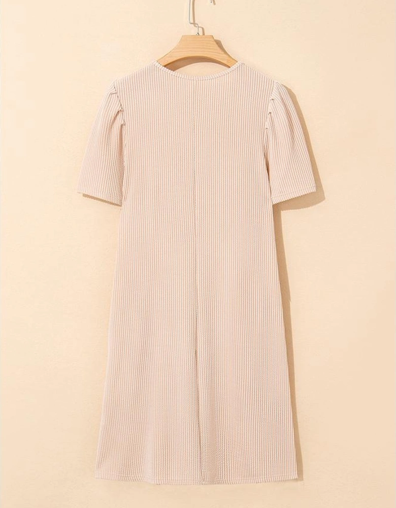 Parchment Corded Knit Crew Neck Puff Sleeve Shift Mini Dress