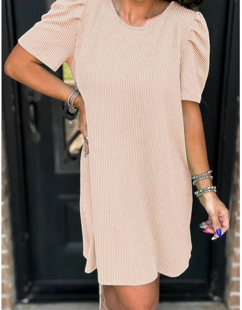 Parchment Corded Knit Crew Neck Puff Sleeve Shift Mini Dress