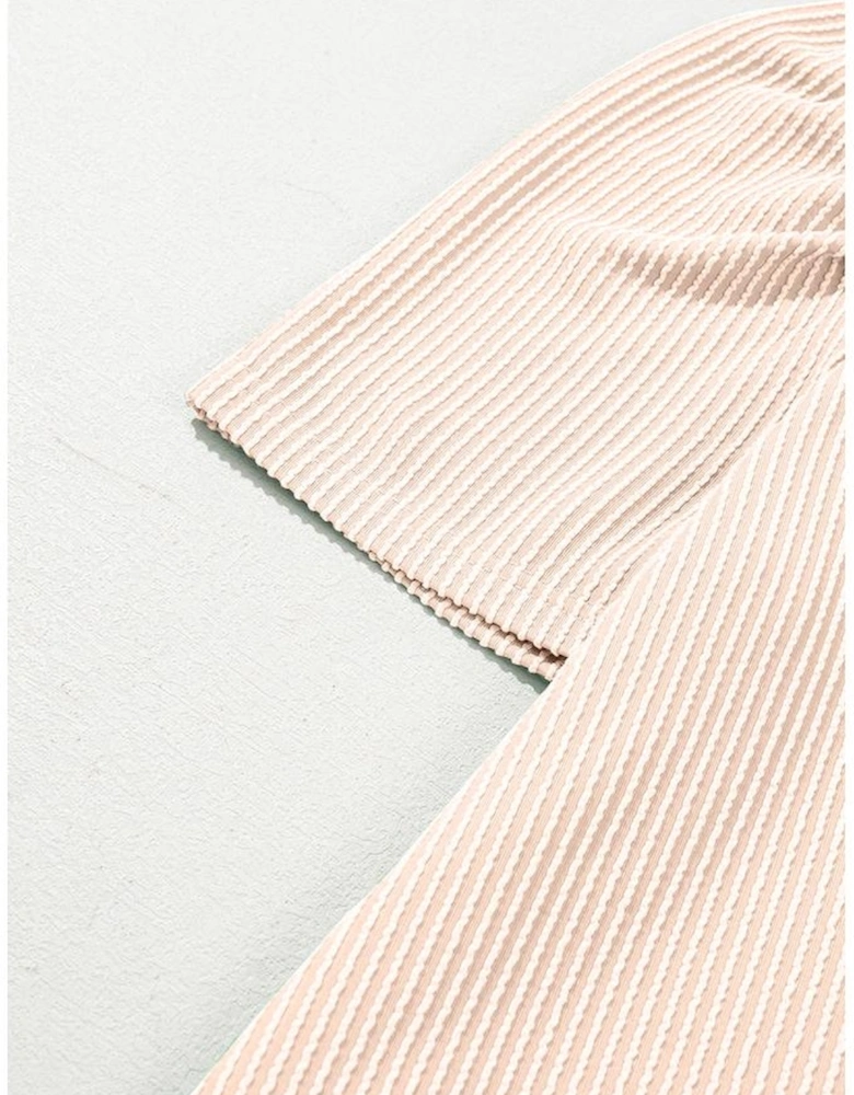 Parchment Corded Knit Crew Neck Puff Sleeve Shift Mini Dress