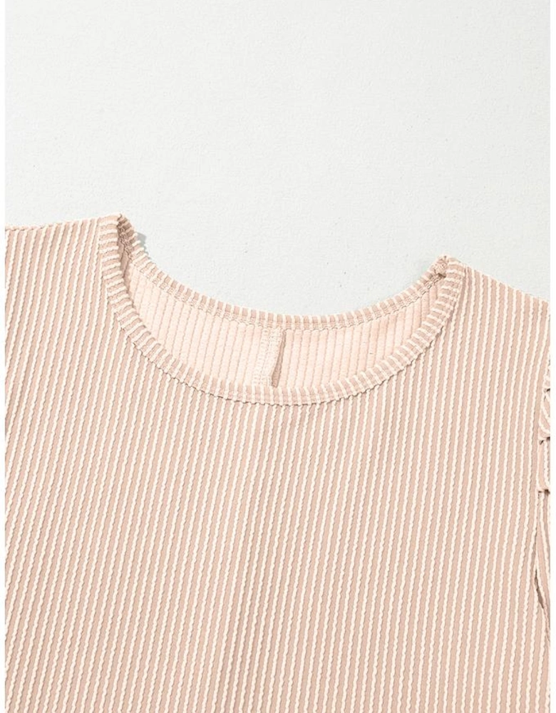 Parchment Corded Knit Crew Neck Puff Sleeve Shift Mini Dress