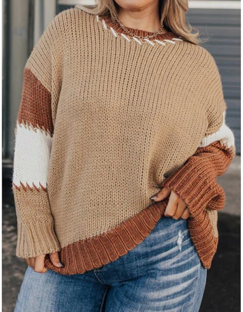 Light French Beige Contrast Stitch Detail Color Block Knitted Plus Size Sweater