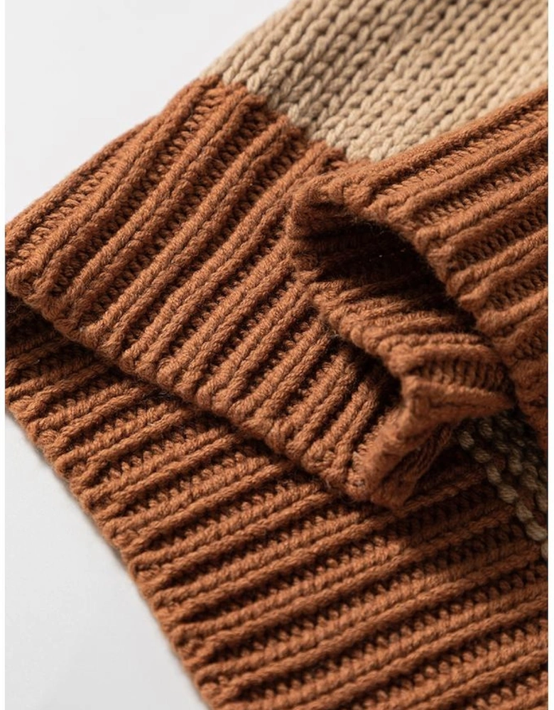 Light French Beige Contrast Stitch Detail Color Block Knitted Plus Size Sweater