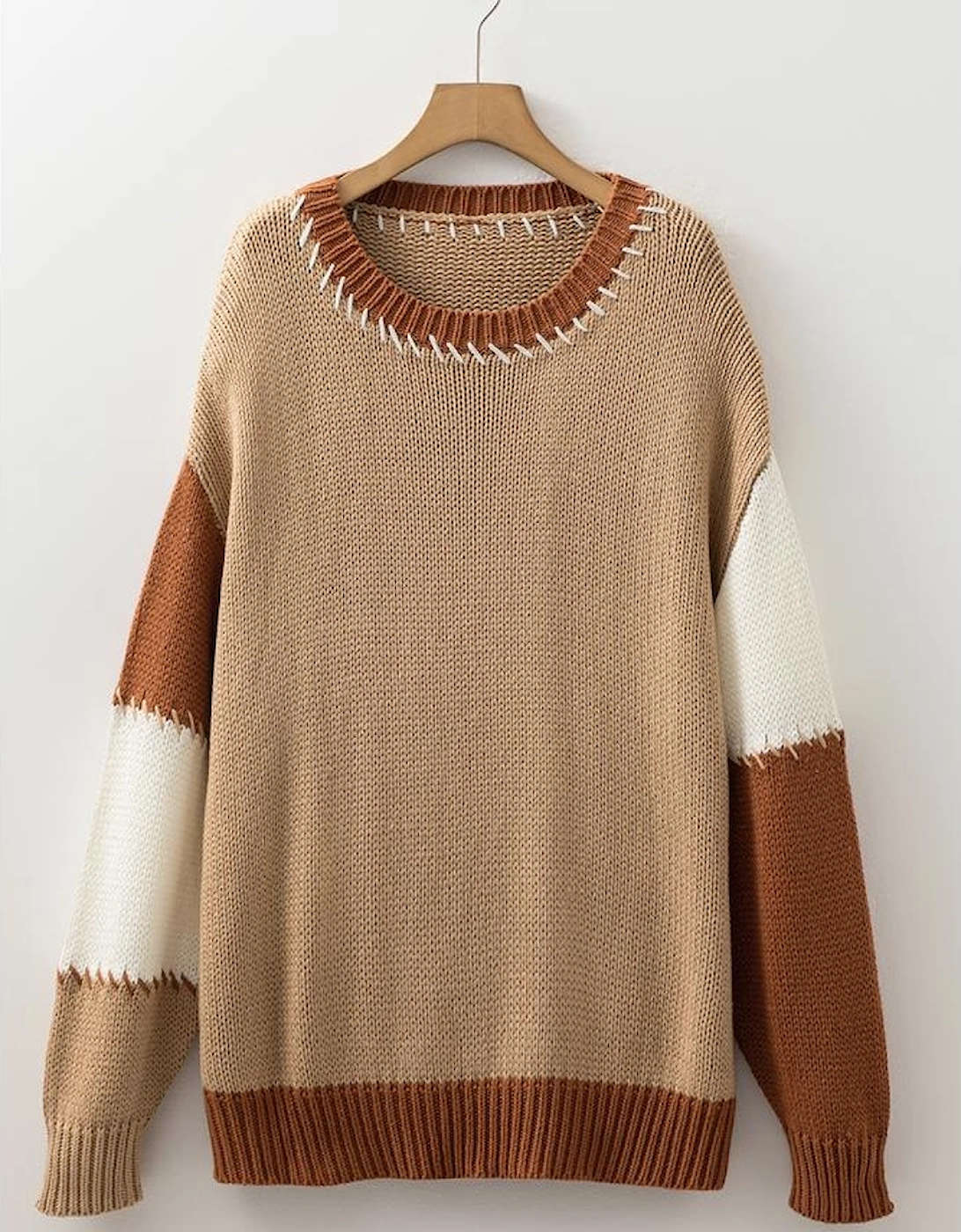 Light French Beige Contrast Stitch Detail Color Block Knitted Plus Size Sweater