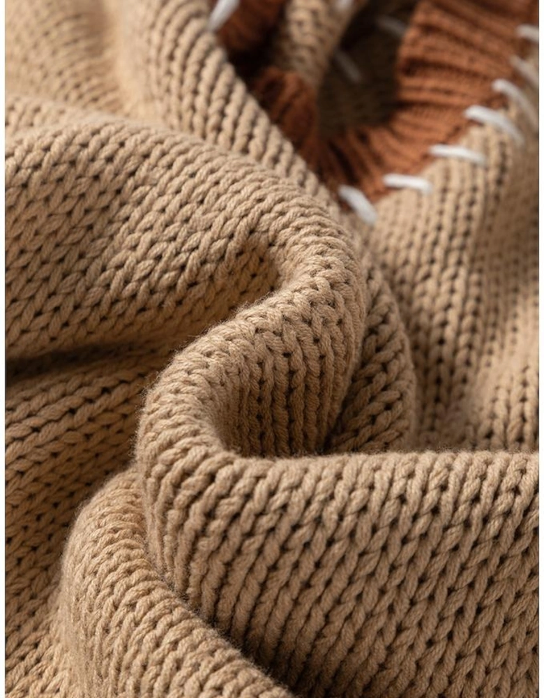 Light French Beige Contrast Stitch Detail Color Block Knitted Plus Size Sweater
