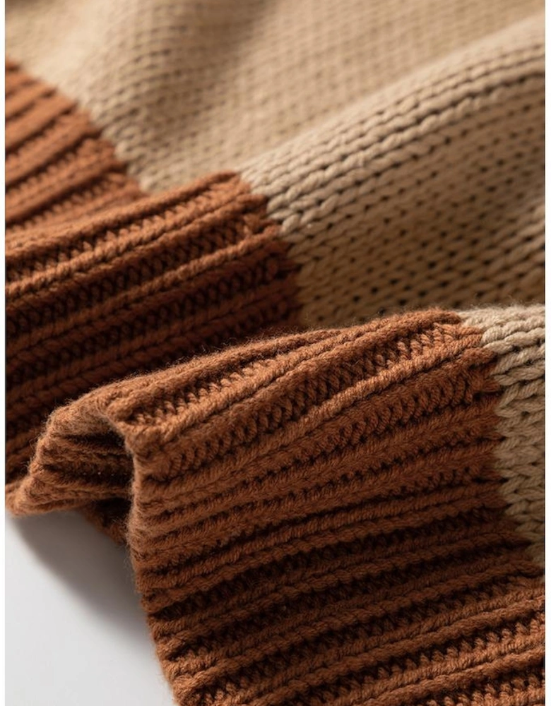 Light French Beige Contrast Stitch Detail Color Block Knitted Plus Size Sweater