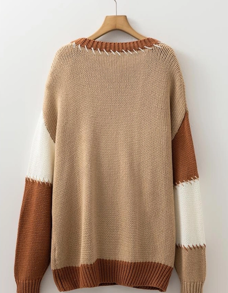 Light French Beige Contrast Stitch Detail Color Block Knitted Plus Size Sweater