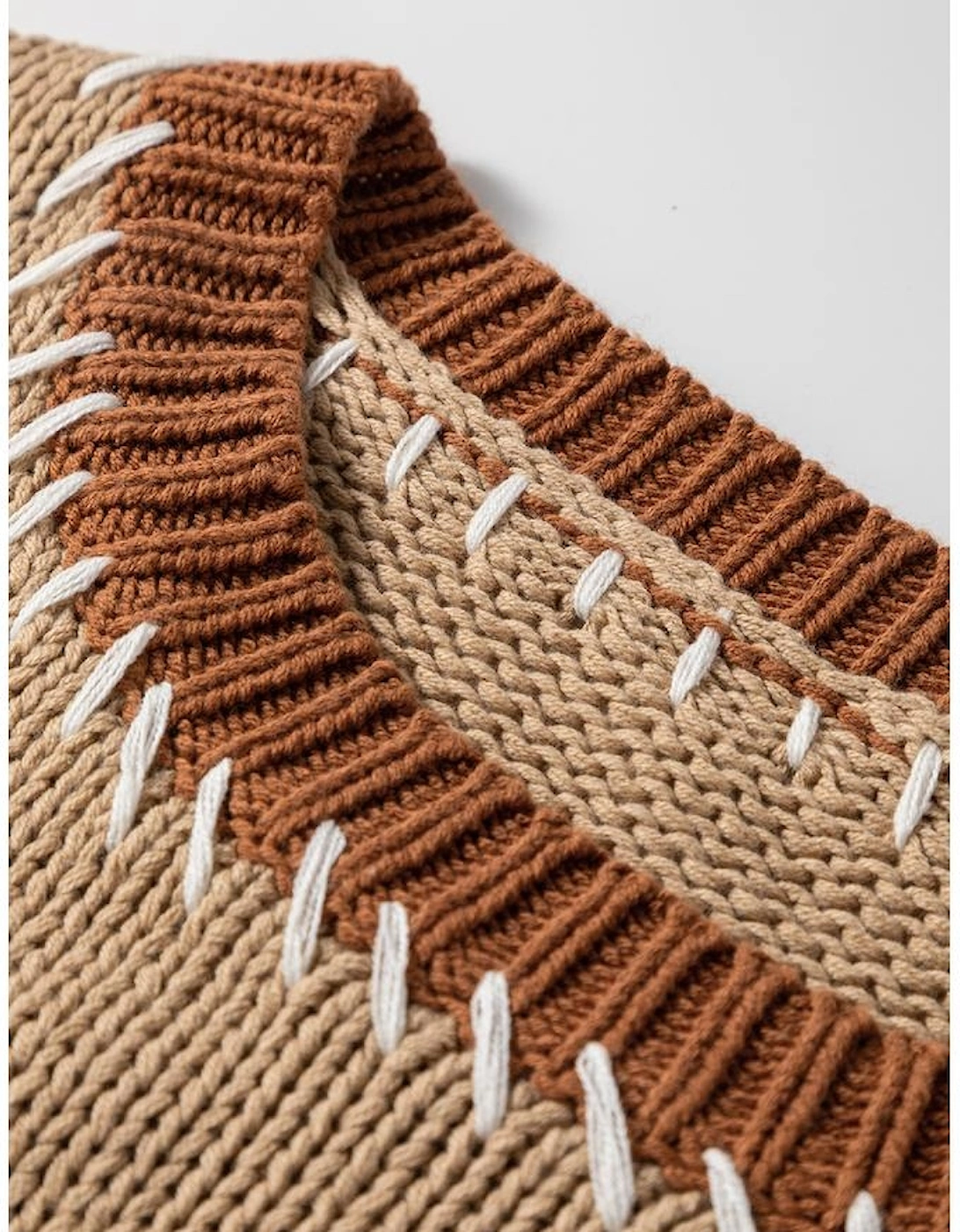 Light French Beige Contrast Stitch Detail Color Block Knitted Plus Size Sweater