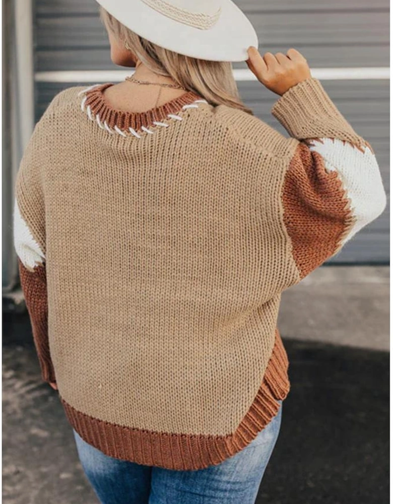Light French Beige Contrast Stitch Detail Color Block Knitted Plus Size Sweater
