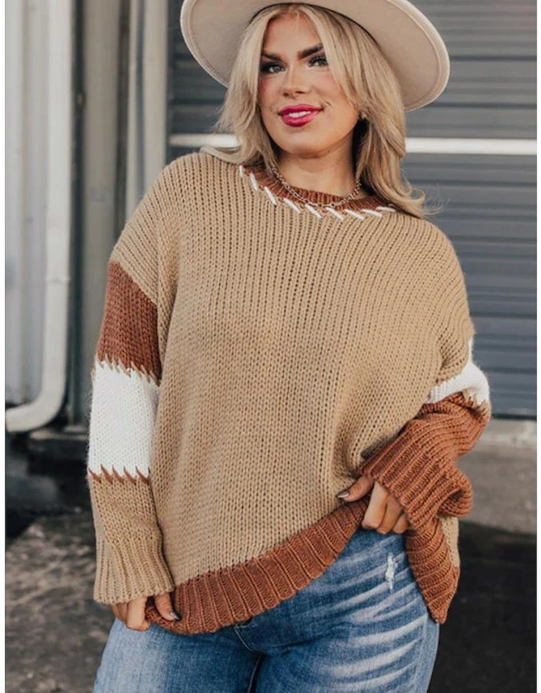 Light French Beige Contrast Stitch Detail Color Block Knitted Plus Size Sweater