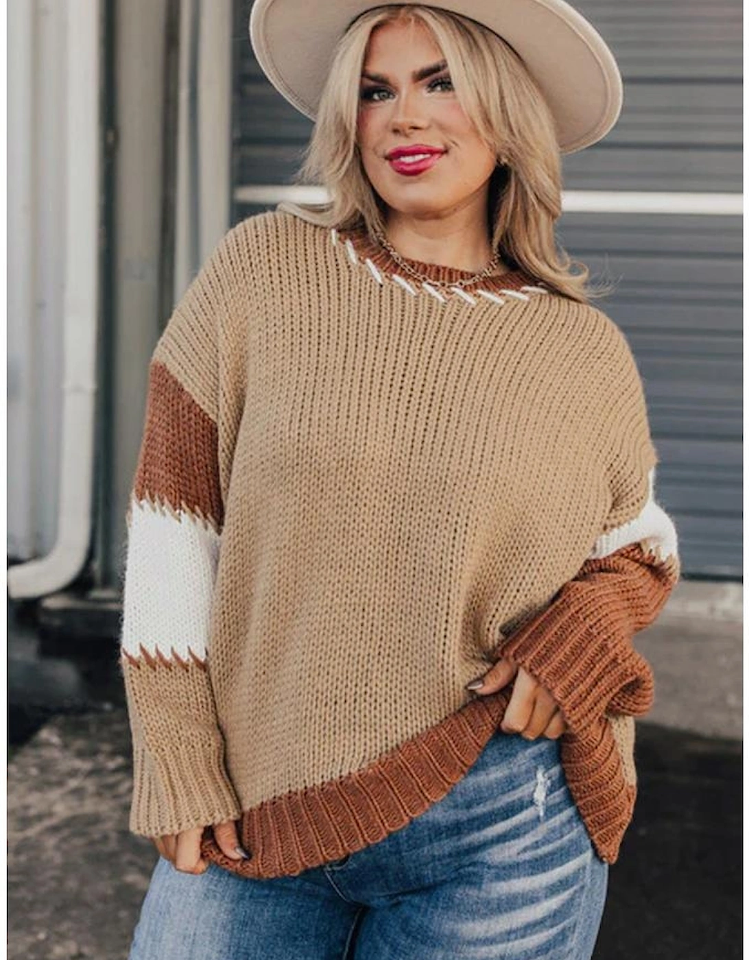 Light French Beige Contrast Stitch Detail Color Block Knitted Plus Size Sweater