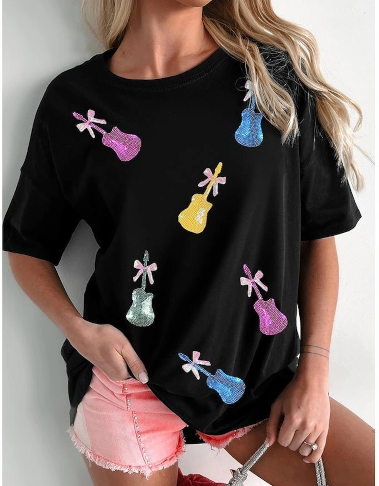 Black Sequined Bow Guitar Country Music Festival Casual Tee