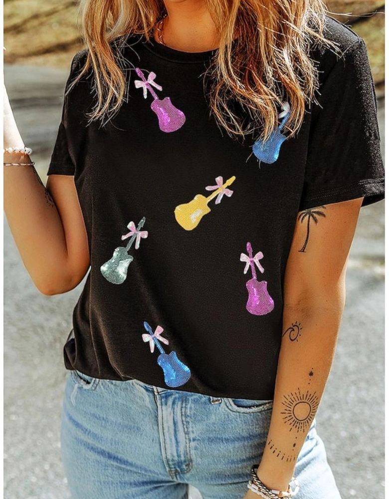 Black Sequined Bow Guitar Country Music Festival Casual Tee