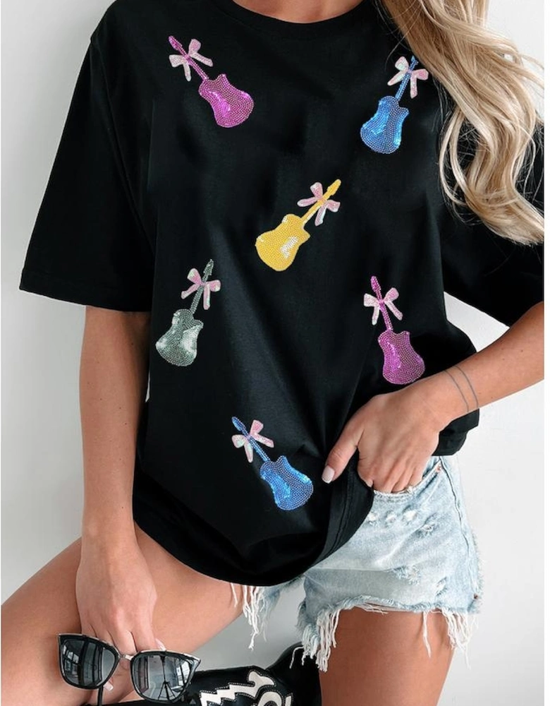 Black Sequined Bow Guitar Country Music Festival Casual Tee