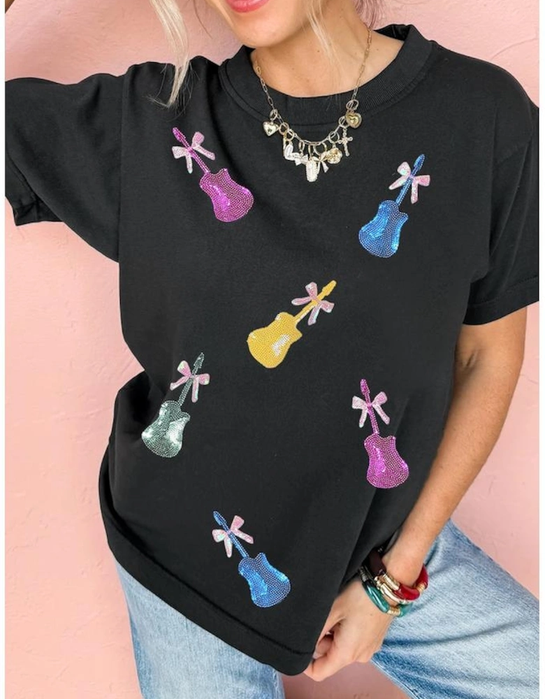 Black Sequined Bow Guitar Country Music Festival Casual Tee