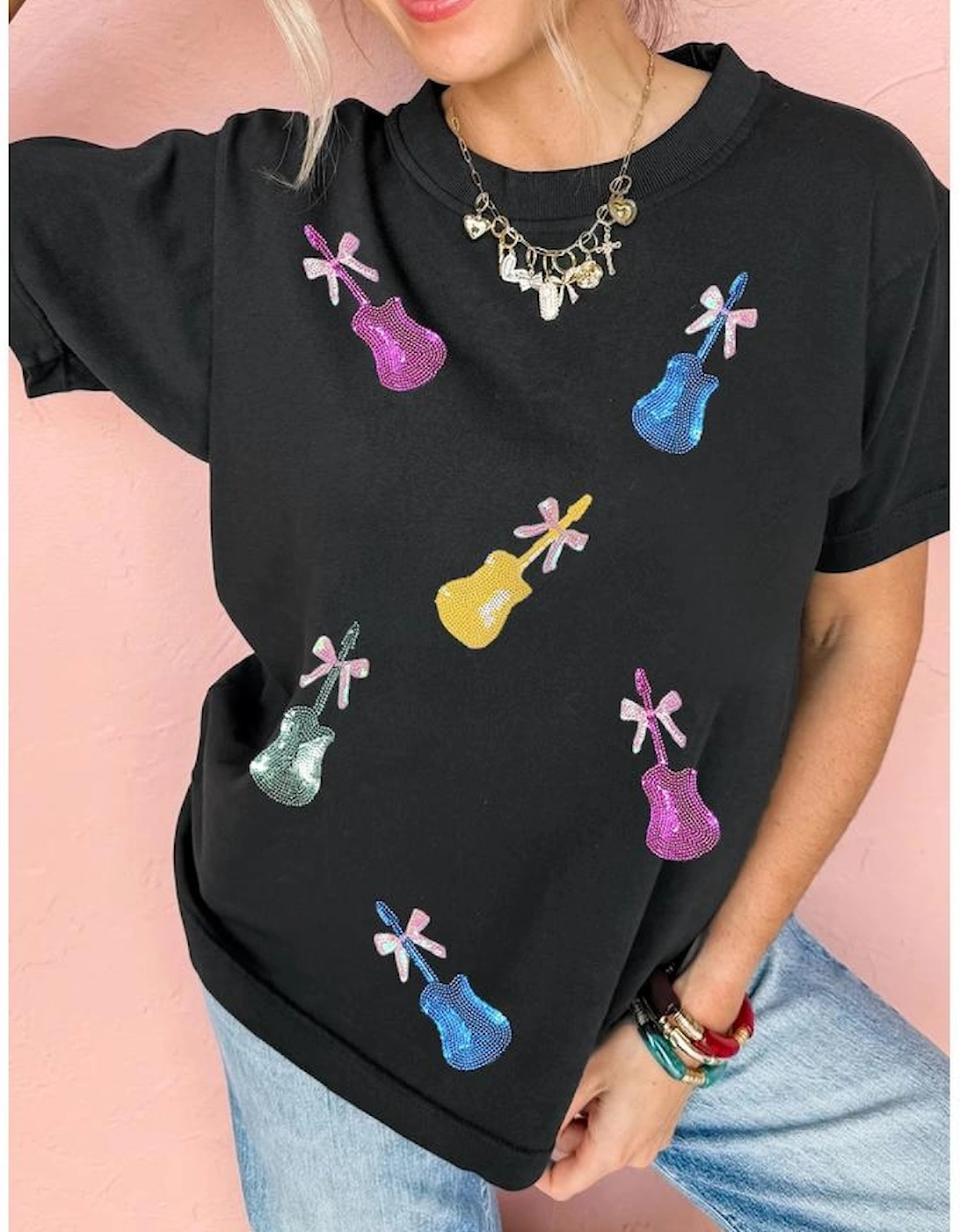 Black Sequined Bow Guitar Country Music Festival Casual Tee, 8 of 7