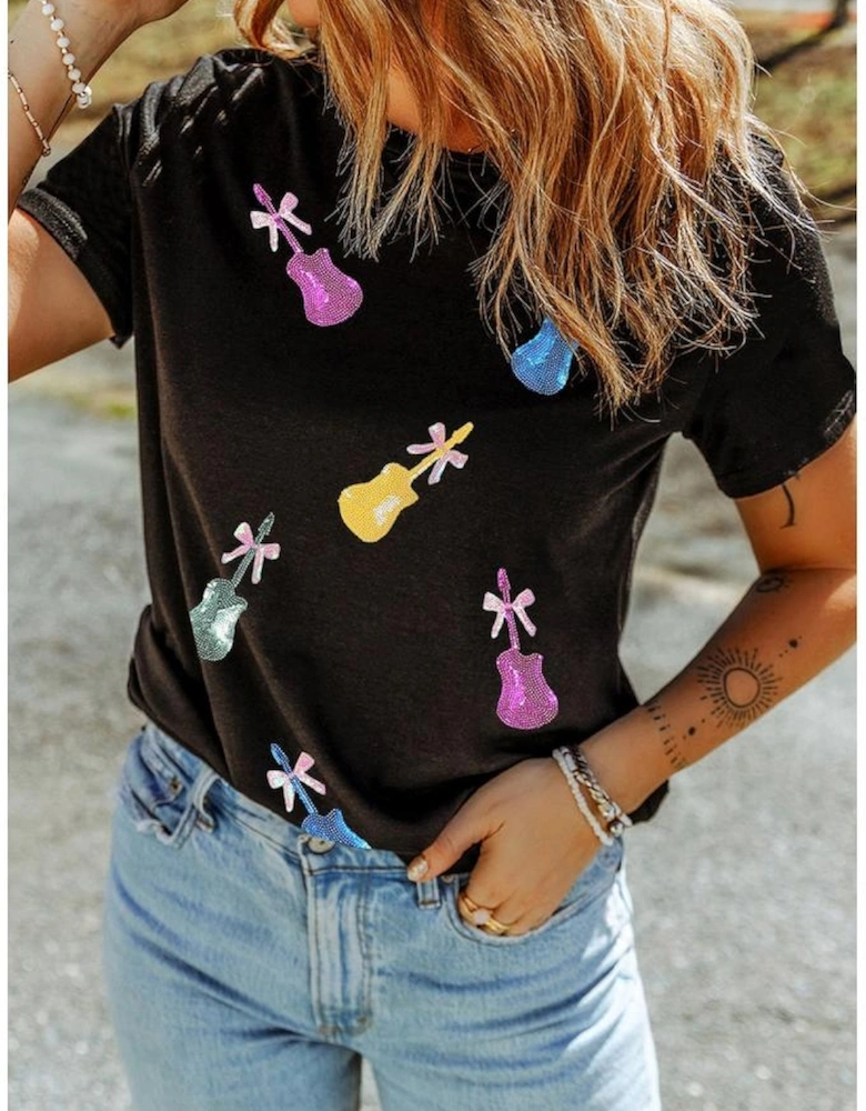 Black Sequined Bow Guitar Country Music Festival Casual Tee